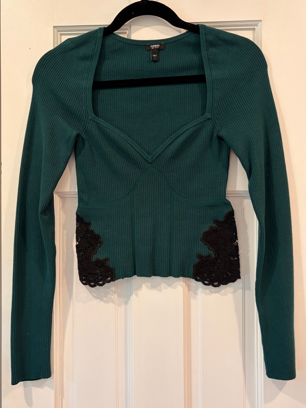 Express Green Ribbed Long-Sleeve Top with Black Lace Trim
